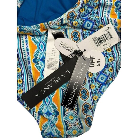 La Blanca Sz 4 Swimsuit Reversible One Piece Blue Mosaic UPF 50+ Boho Retro - Picture 9 of 9